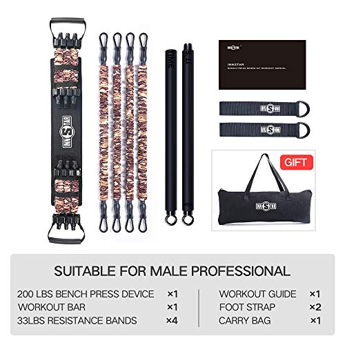 INNSTAR Bench Press Bands Kit, Adjustable Resistance Band with bar and Squat Bands for Home Workout, Home Gym Set for Chest, Arm, Leg Training (Camo Brown-200LBS)