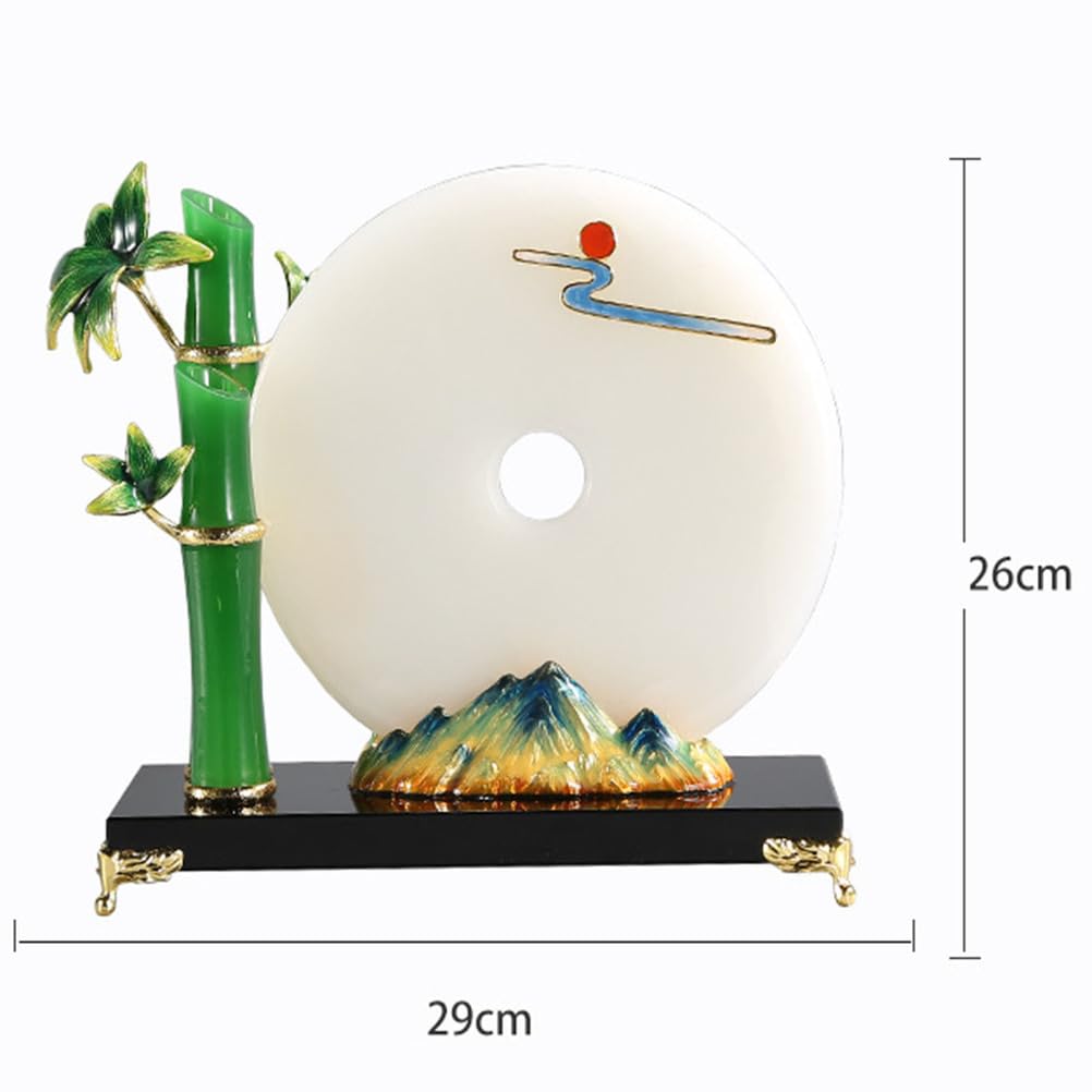 Naturalny dysk Jade Pi z bambusem Cloisonné - chińska dekoracja Feng Shui zapewniająca wzrost i harmonię, ręcznie wykonana emalia z kamieni szlachetnych z kryształową podstawą