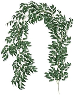 Famibay 2 Pack Artificial Willow Garland 11.4 Ft Silk Green Leaves Vine Faux Greenery Foliage Hanging Plants Fake Willow Leaves Twigs for Wall Wedding Arch Party Garden Table(Willow Garland-01, 2PC)