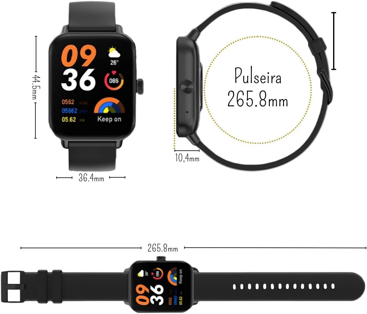 Diagram showing the dimensions of the COLMi P81 Smartwatch, including screen size, thickness, and strap length.