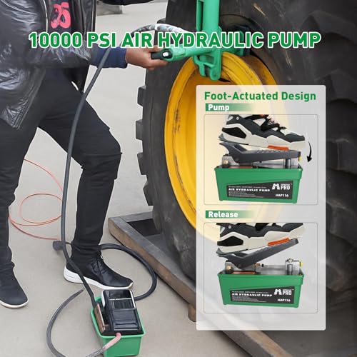 Image of 10,000 PSI Air Hydraulic Pump, 1.6L Reservoir, NPT 3 /8 inch Oil Outlet, NPT 1 /4 inch Inlet, Foot Pedal Operated, for Auto Body Frame Machines, Hydraulic Press, and Hole Punch, Green