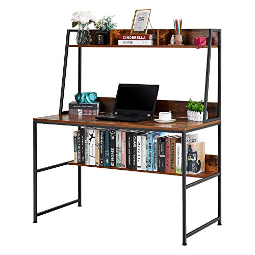 Kealive 47.2 inch Computer Desk with Hutch and Shelf, Writing Study Table with Bookshelf, Modern Home Office Desk for Small Space, PC Laptop Table Workstation Steel Frame & Wood Desk, Vintage Brown