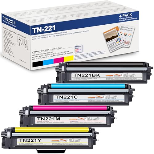 TN-221 Toner Cartridges 4 Pack Replacement for Brother TN225 TN221 Toner Cartridges use with HL-3140CW HL-3170CDW HL-3180CDW MFC-9330CDW MFC-9340CDW Printer Toner (TN221BK, TN221C, TN221M, TN221Y)