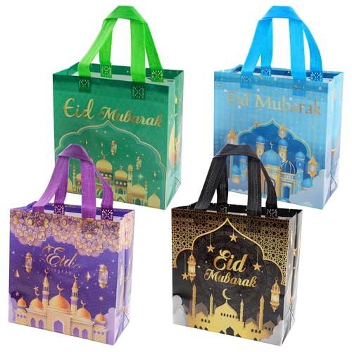 KEYIDO 8 pcs Eid Mubarak Gift Bags Reusable Eid Gift Bags Large Non Woven Ramadan Bag with Handles for Gifts Wrapping Ramadan Kareem Party Supplies 23×22×11cm