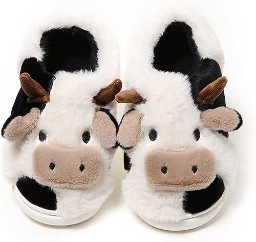 PLMOKN Cow Slippers For Women Indoor And Outdoor Mens House Cute Fuzzy Keep Warm Animal Cloud Slides,白色全包-40/41, White Baotou