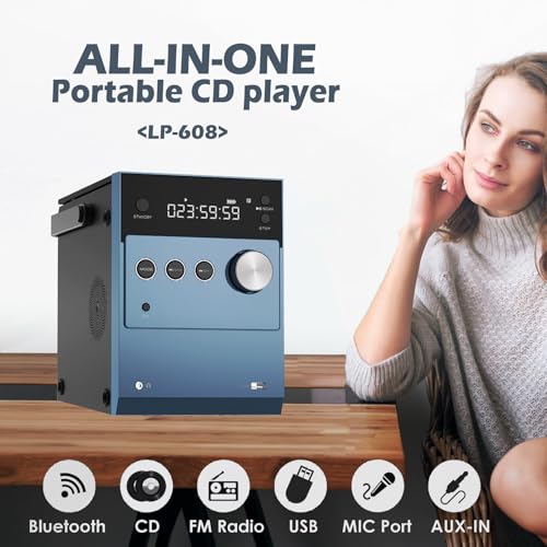 Boombox portátil de CD Player com bateria recarregável, entrada auxiliar de 3,5 mm, transmissão de á