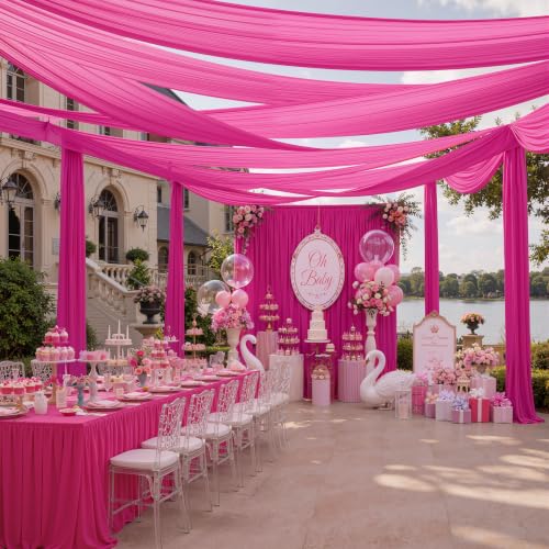 Image of 50ftx15ft Hot Pink Backdrop Curtains for Parties, Wrinkle Free Polyester Hot Pink Photo Backdrop Drapes 10 Panels 15 ft Long Back Drop Cloth for Wedding Birthday Photography Background Party