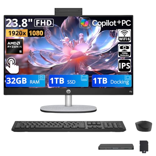 Image of HP 23.8 inch FHD Touchscreen All-in-One Desktop AI PC, AMD Ryzen AI 5 340, 32GB DDR5, 2TB Storage (1TB SSD+1TB Docking Station), FHD IR Camera, Wi-Fi 6, Wireless Keyboard & Mouse, Win 11, Black