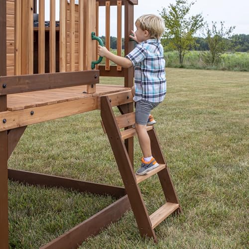 Backyard Discovery Echo Heights Elevated Cedar Wooden Kids Playhouse with Wave Slide, Play Kitchen, Wrap-Around Deck, Flat-Step Ladder, Half Door, Windows, Bell, and Growth Chart for Outdoor Play - image 8