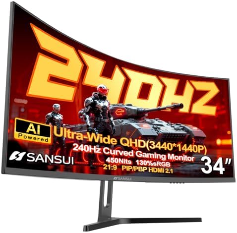 SANSUI 34 Inch 240Hz Ultrawide Curved Gaming Monitor UWQHD 3440×1440, 21:9 2K Curved Monitor 1500R,HDR400,Fast VA, PIP/PBP,AI Crosshair,AIPQ(Visual Enhance),MPRT 1ms,HDMI2.1*2,DP1.4*2(DP Cable Incl.)