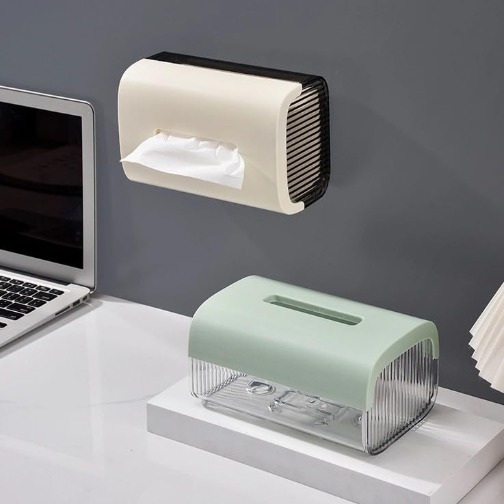 Image of oddpod Vue Desktop & Wall Mount Tissue Storage Box with Telescopic Spring /Facial Napkin Holder & Dispenser for Home, Office, Countertop, Car, Hotel, and Institutions - Smoky Ivory
