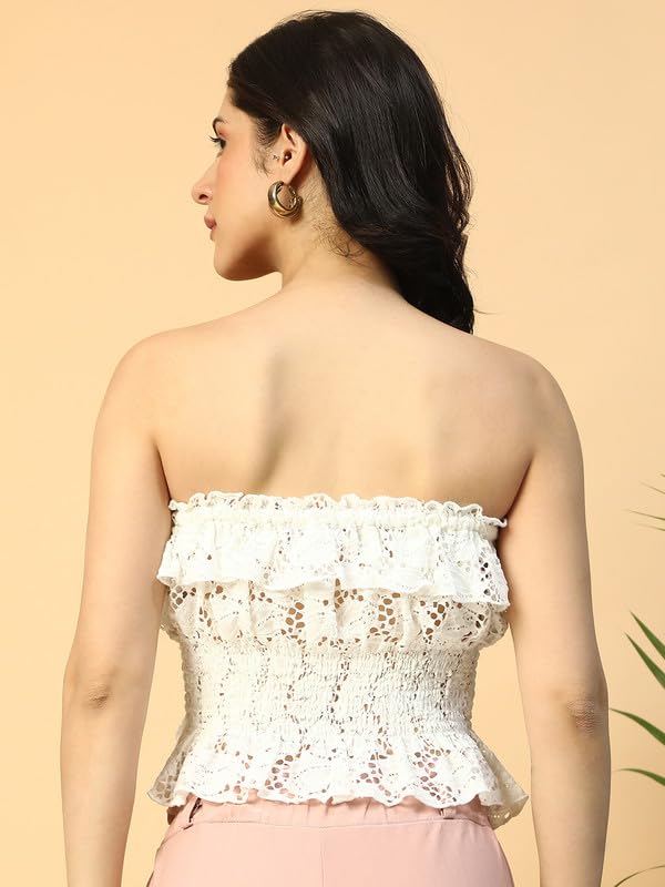 Image of oxolloxo Women White Elasticated with Tie-Up Detail Off - Shoulder Dobby Top