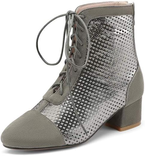 TinaCus Women's Leather Summer Autumn Lace Handmade Hollow Boots Summer Boots Low Chunky Heels Lace/Zip Up Mesh Chic Booties
