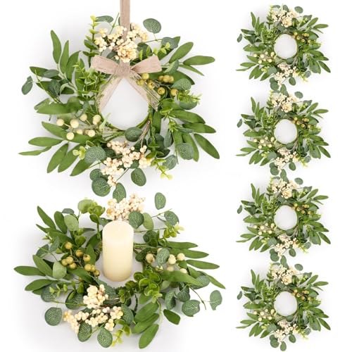 Image of 6 Pcs Green Eucalyptus Candle Rings Wreaths Spring Summer Kitchen Cabinet Wreaths Mini Green Berry Leaves Candle Wreath for Pillars Farmhouse Festival Wedding Celebrations Tabletop Decoration