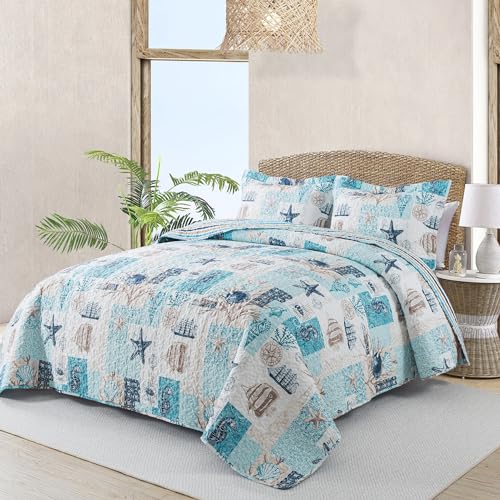 NEWLAKE Quilt Bedspread Sets - West Coastal Pattern Reversible Coverlet Set, Queen Size