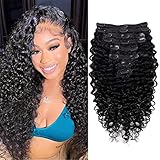 Cecycocy Deep Wave Clip in Hair Extensions Human Hair for Black Women - 8Pcs 18Clips Double Weft Brazilian Remy Human Hair Deep Wave Clip in Extensions Thick to Ends 120G/4.2oz Natural Black(16inch)