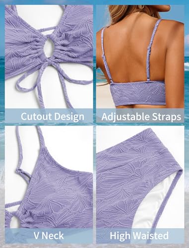 Image of ZAFUL Bikini Sets for Women String 2 Piece Swimsuits High Waisted Bathing Suit V Neck Cut Out Swimwear