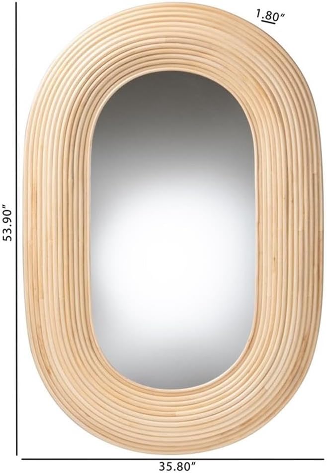 Pemberly Row Bohemian Oval Accent Wall Mirror, 35.80 in x 53.90 in, Natural Brown Rattan Frame, Large Central Mirror, Vertical/Horizontal Hanging, Fully Assembled Modern Decor for Home or Living Room