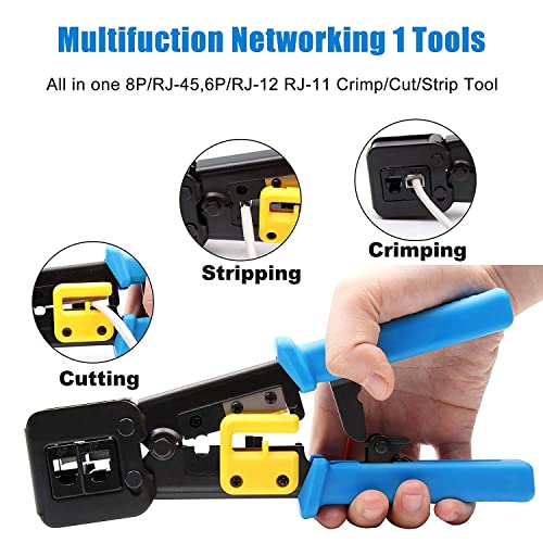 Image of COMTECH Rj45 Passthrough tool kit Cat5 Cat5e Cat6 RJ45 Ethernet network Crimper with 20PCS Cat6 Pass Through Connectors, 20PCS Covers, Cable Tester Wire Stripper Crimping tool set