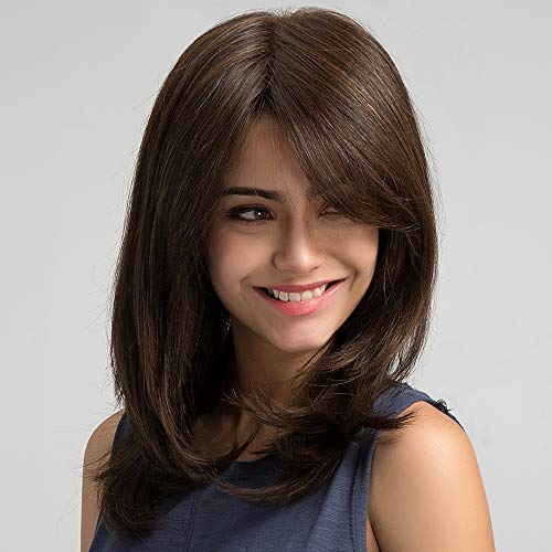 Didad Perucas de cabelo femininas para festa diária natural marrom escuro divisão lateral sintética