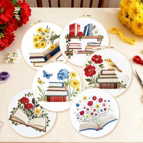 Image of BEUNITONE 6 Set Books Flowers Embroidery Kit for Adult Beginners with Hoops and Instructions Literary Themed Needlepoint Craft Kits Complete DIY Handmade Cross Stitch Set for Book Lovers Home Decor