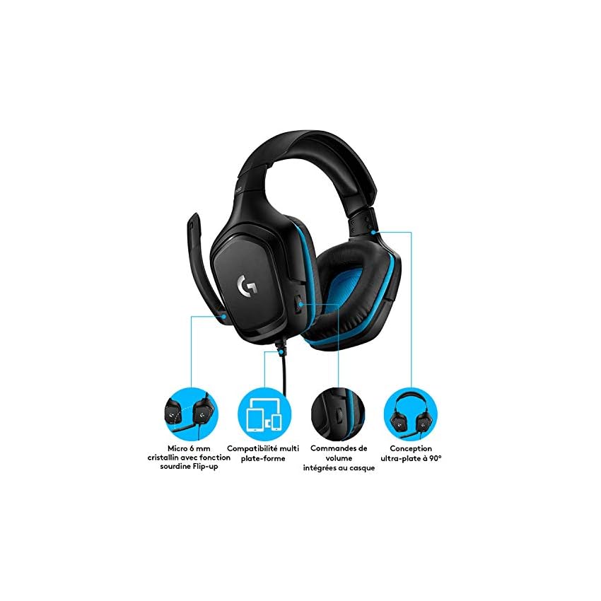 logitech g432 casque gamer filaire, son 7.1 surround, dts headphone:x 2.0, transducteurs 50mm, usb/audio jack 3,5mm, micro avec sourdine flip up, poids léger ,pc/xbox one/ps4/nintendo switch noir