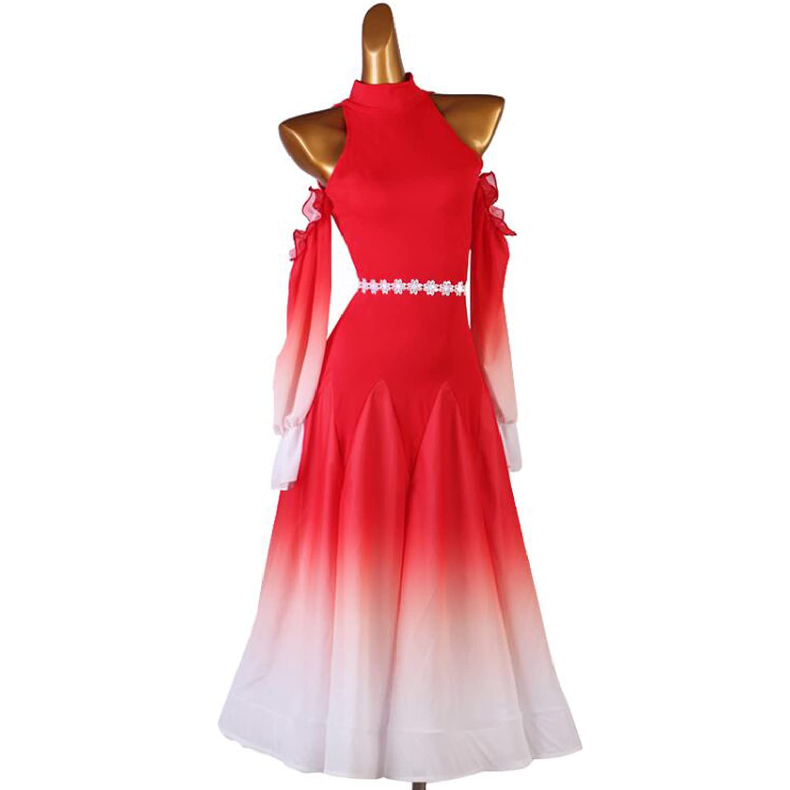 Hollow nowoczesne kostiumy walca Damskie sukienki do tańca towarzyskiego Flamenco z dekoltem halter Gradientowe stroje taneczne z długim rękawem Tango Salsa ze wstążką