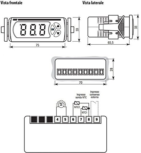 Termometro digitale TM NTC-P3D con installazione da pannello 33x75 per la misura delle temperatura in applicazioni quali forni banchi frigo e temperatura ambiente Vemer VM622800 Alimentazione 12÷24VAC-50/60Hz-12÷24VDC Sonde collegabili termoresistenze NTC