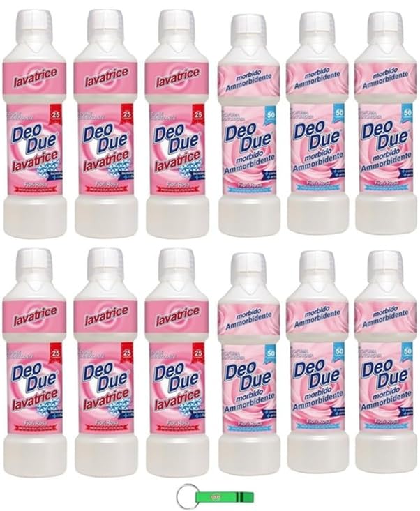 DEO DUE Testpaket Fiori Rosa, 6x Waschmittel 1Lt + 6x Weichspüler Konzentrat 1Lt + Beni Culinari Kostenloser Schlüsselanhänger