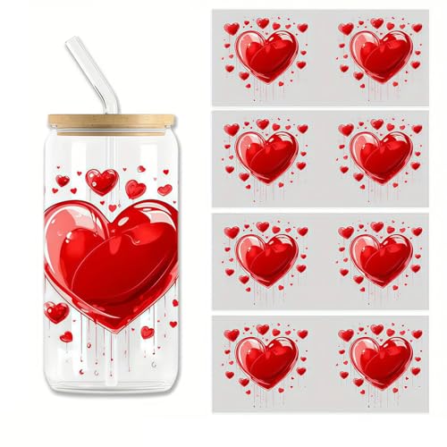 4pcs Red Heart Valentine's Day UV DTF Cup Wraps Transfer Waterproof Sticker for Glass Cups Furniture Craft DIY Crafts，Rub on Transfer Stickers for DIY Water Bottle Laptop Decal Wood Car