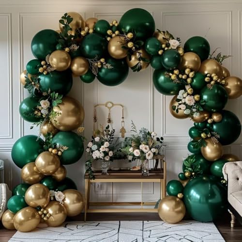 Emerald Green Gold Balloons Garland Double Stuffed Dark Green Gold Balloons Hunter Forest Metallic Arch Kit for Birthday Baby Shower Jungle Graduation Party Decorations