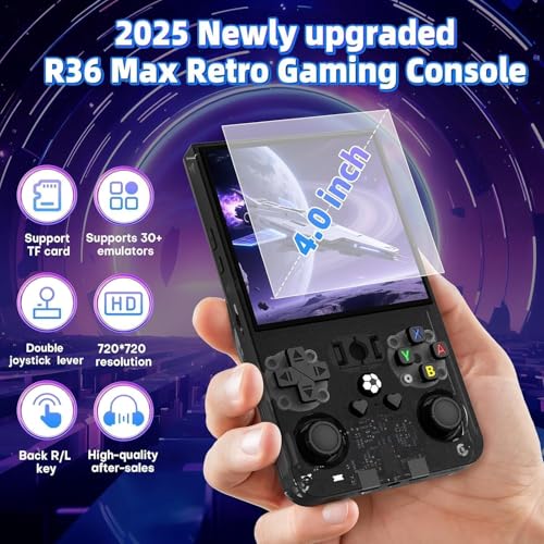 Image of R36MAX Retro Handheld Game Console, 4.0 inch Retro Gaming Console with 64GB Memory, Portable Retro Video Games Console, 4000mAh Battery, Support 30+ Emulators, Charcoal Black