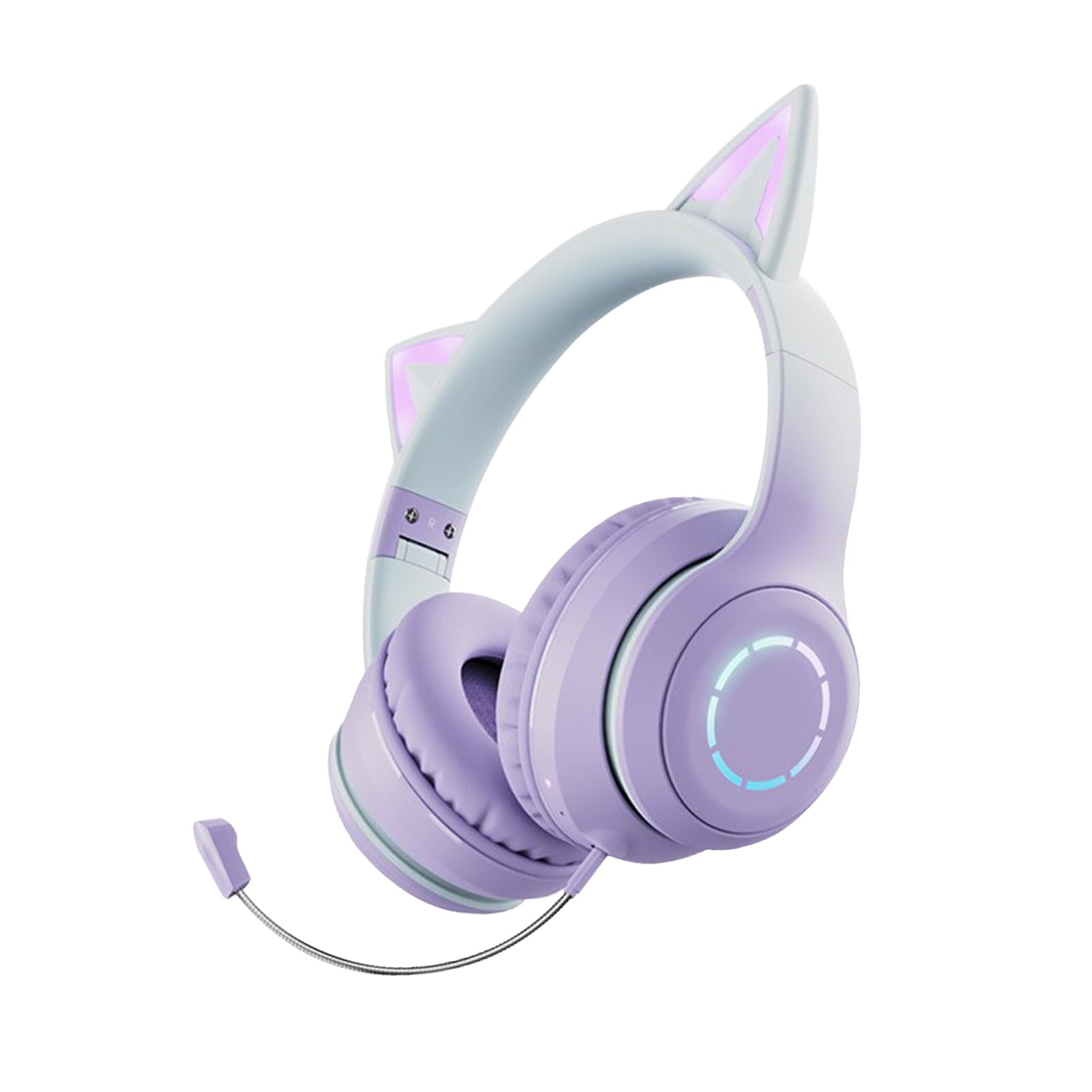 Casque avec oreilles de chat lumineuses, casque de jeu, pliable, avec lumières colorées, casque sans fil BT5.3 avec microphone amovible, casque musical filaire de 3,5 mm