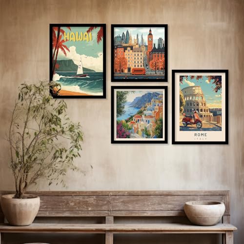Image of kotart Retro Travel Theme Wall Poster with Frame for Room Office Living Room Hotel Home Decor - Modern Art City Vibes Wall Decor Photo Frames - Framed Posters / Paintings Set of 8 (Art 1, Big(13x17 or 13x13 inch), Framed)