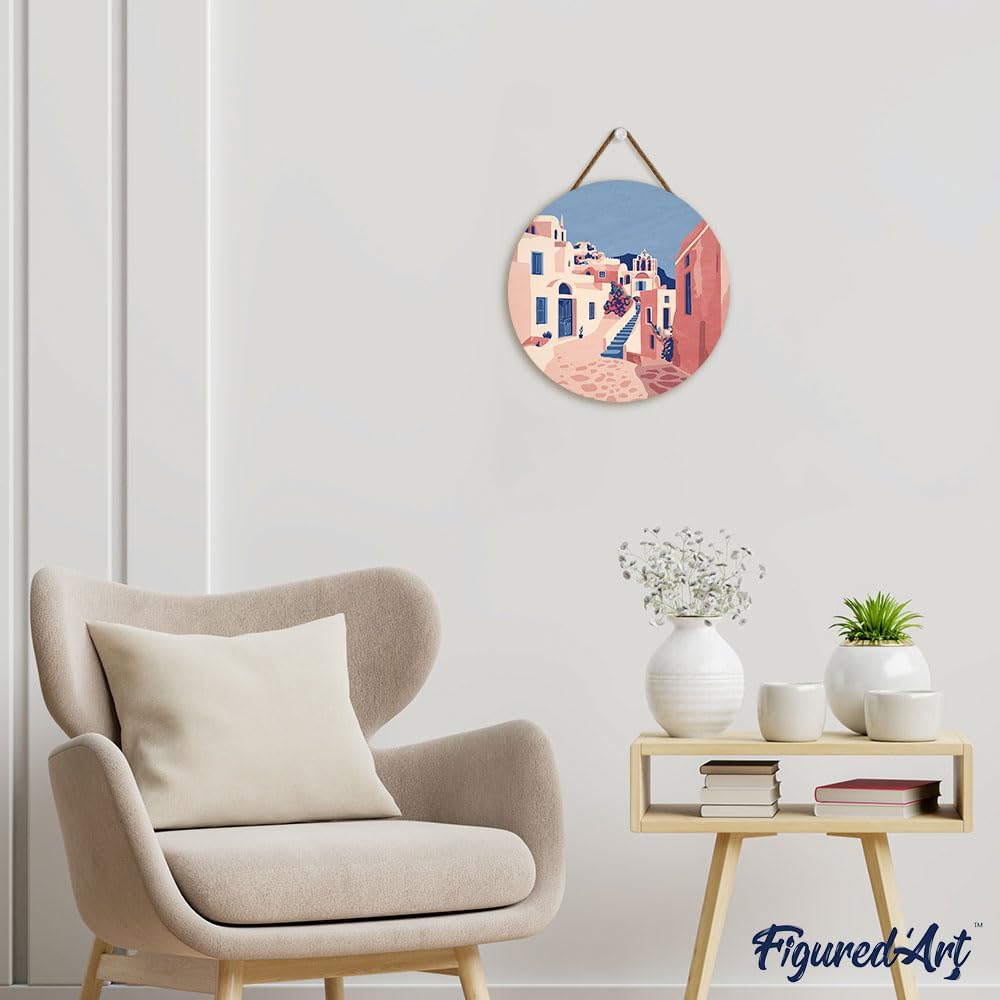 Figured'Art Paint by Numbers Kit for Adults on Wood Slice, 11.8in Diameter - Santorini - Craft Art Painting DIY Canvas