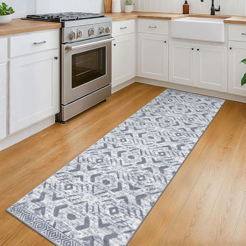 KILOCOCO Boho Kitchen Runner Rug 2x6 Washable Runner Rug, Soft Runners for Hallways Non Slip Printed Low-Pile Distressed Laundry Room Rugs for Entryway/Bedroom/Living Room, Gray/White