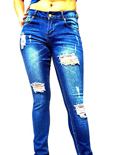 Juniors Womens Blue Denim Distressed Skinny Jeans Cotton Stretch Ripped Pants2