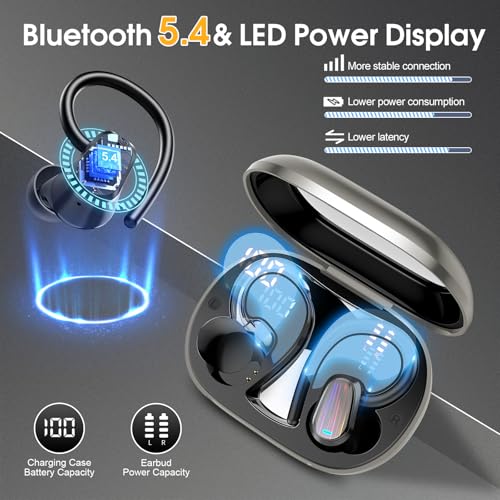 Image of Jesebang Wireless Earbuds, Bluetooth 5.4 Headphones Sport, Over Ear Buds with ENC Noise Canceling Mic, Deep Bass Stereo Ear Buds with Hook, 50H Playback, LED Display, IP7 Earphones for Workout, Grey