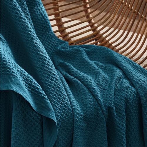 Image of Bedsure 100% Cotton Throw Blanket for Couch 50x70 inches - Cooling Breathable and Soft for Summer, Waffle Weave Throw Blanket for Office, Teal