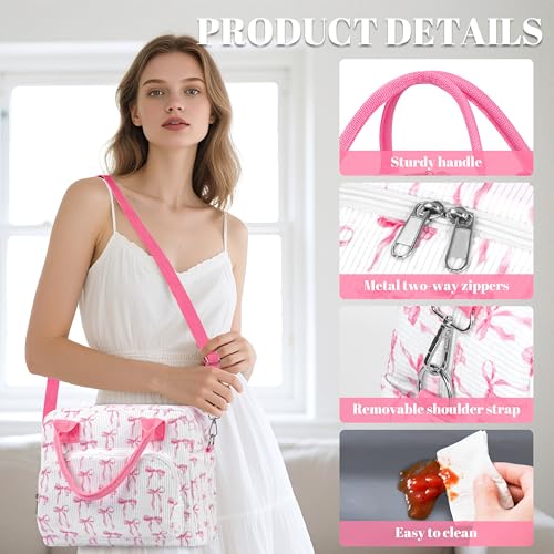 BuyCard Insulated Lunch Bag with Shoulder Strap, Corduroy Tote Bags with Pink Bow Pattern, Reusable Leakproof Cooler Lunch Box for Women for Work, Office, Travel (Pink Bow) by BuyCard - Used condition - Image 4
