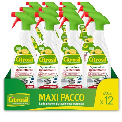 Citrosil Sgrassatore Disinfettante, Azione Virucida Completa, Elimina Fino al 99,9% di Virus e Batteri, Essenze di Limone, 650 ml x 12 Confezioni