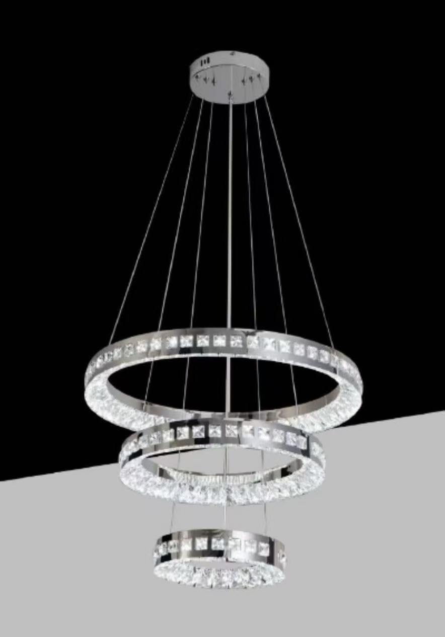 Lampadario LED Moderno 46W CCT 3680 Lumen, Sospensione a 3 Cerchi in Cristallo, Luce 3000K-6500K, Lampadario da Soffitto per Soggiorno Sala da Pranzo Camera B50-3C