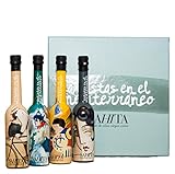 DISFRUTA LAS 4 VARIEDADES: Este estuche combina 4 tipos diferentes de aceitunas: la picual, de fuerte personalidad, mucho cuerpo, un color más verde y un sabor afrutado; la arbequina, cuyo aceite armonioso, delicado y dulce deja un ligero regusto amargo y picante; la hojiblanca, ideal para disfrutar de los aromas y sabores de la hierba fresca y notas de frutas verdes; y la morisca, con un aceite fluido y afrutado, ligeramente dulce y con un picor muy equilibrado.