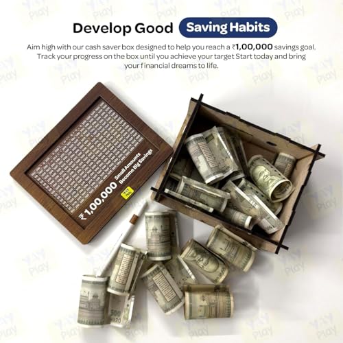 Image of Wooden Money Box, Savings Box, Mini Bank, Smart Money Box, Donation Box, Wooden Coin Box, Money Saver, Piggy Bank with Saving 100000 for Kids & Aduls etc. (Medium)