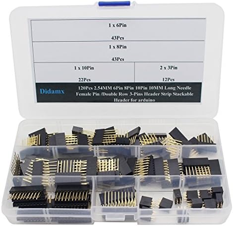 Didamx 120Pcs 2.54MM 6Pin 8Pin 10Pin 10MM Long Needle Female Pin/Double Row 3-Pins Header Strip Stackable Header