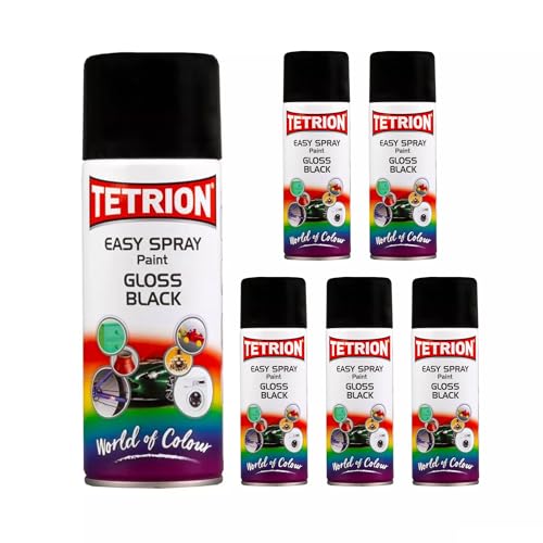Image of Tetrion Easy Spray Paint - Gloss Black 400ml (Pack of 6) - All-Purpose Fast Drying Acrylic Spray for Wood, Metal, Plastic, Ceramic & More, Smooth Base Coat - Indoor & Outdoor Use, 13.5 Oz