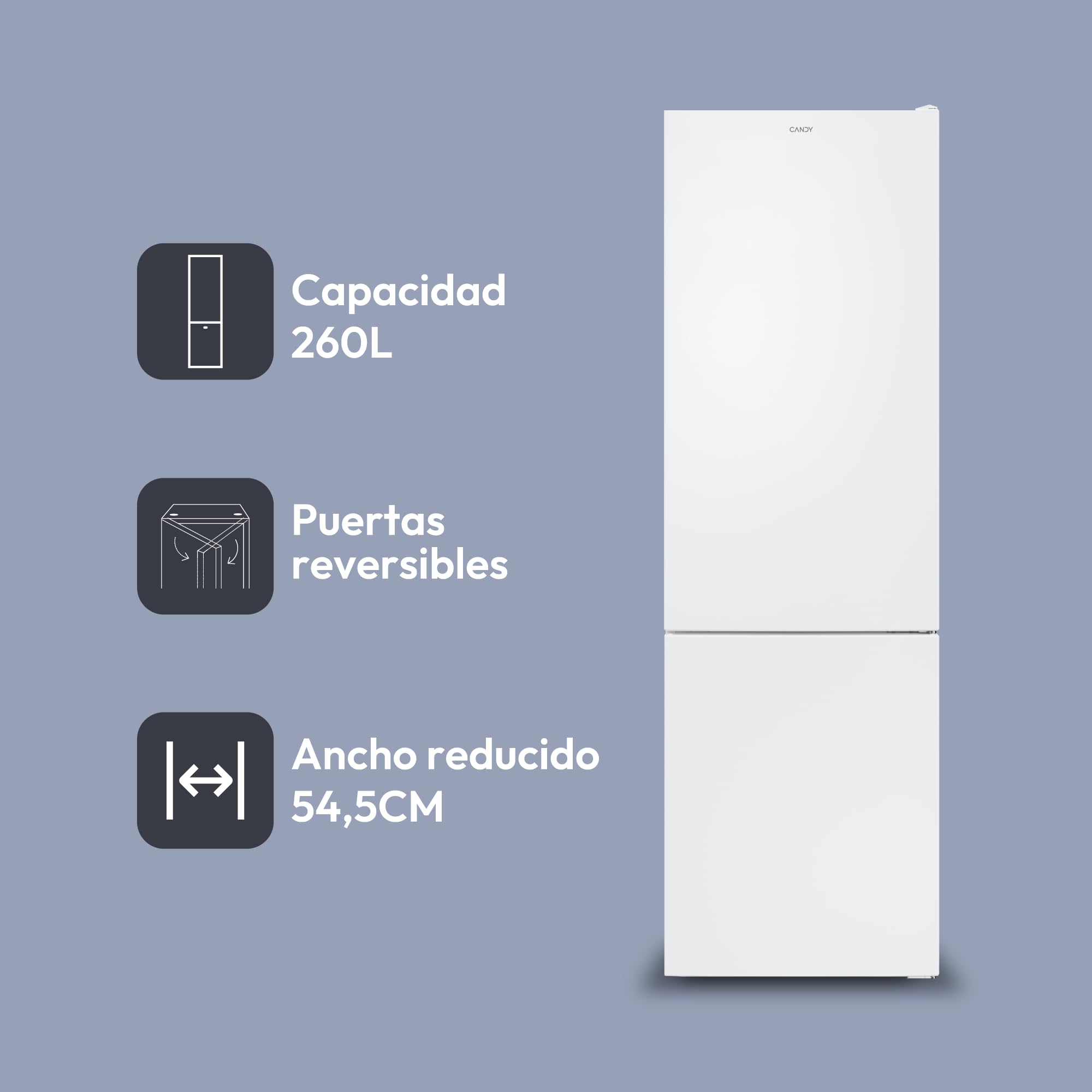 CANDY CCT3L517EW, Frigorífico Combi, 55CM, Altura 1,77m, 260L, Low Frost, Función SuperCool, Cajón Verdulero, Control electrónico interno, LED, Puertas Reversibles, 39DB, Clase E, Blanco