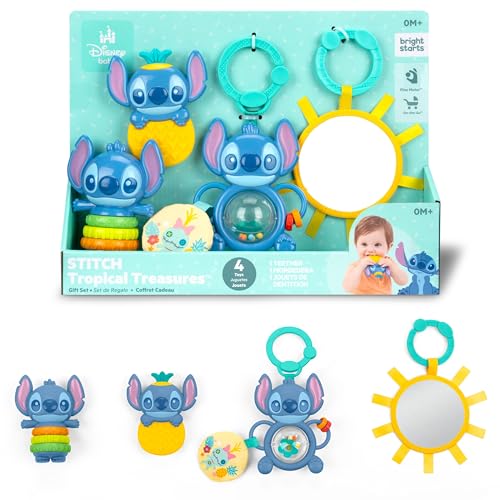 Image of Bright Starts Disney Baby Stitch Tropical Treasures Gift Set with 4 Stitch Inspired Toys Including Baby-Safe Mirror and Teether, Newborns & Up