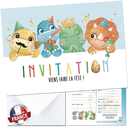 10 cartes d'invitation en Français avec enveloppes pour fête anniversaire ou autre - Set Dinosaures rigolos pour garçons et filles - kit Créatif et participatif dinos pour enfants - Lola et Louis® Cover