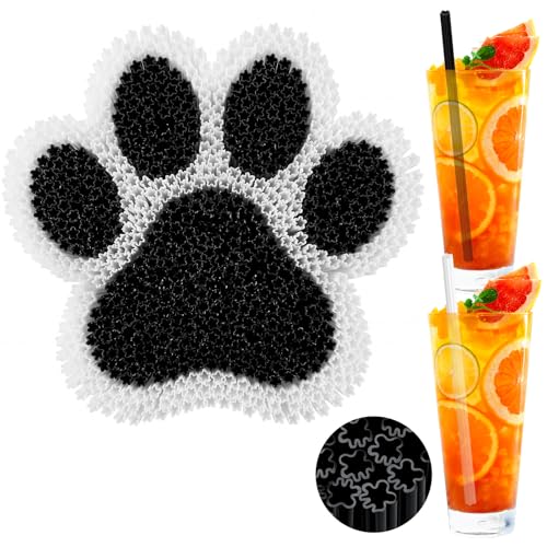 Potchen 50 Pcs Dog Paw Shape Plastic Straws Black White Disposable Drinking Straw Bulk for Puppy Party, Baby Shower, Birthday Party